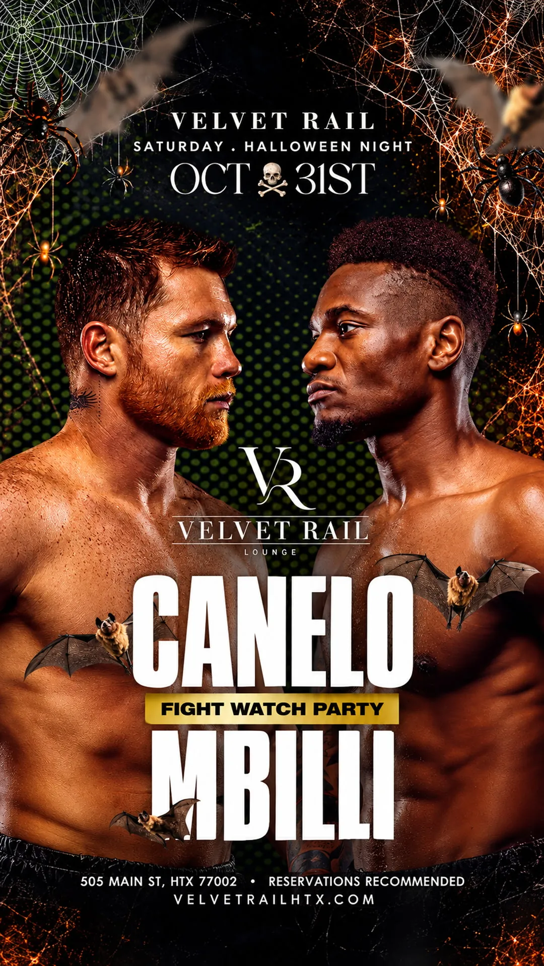 Canelo vs. Mbilli fight watch party flyer, Saturday, October 31, Velvet Rail Houston