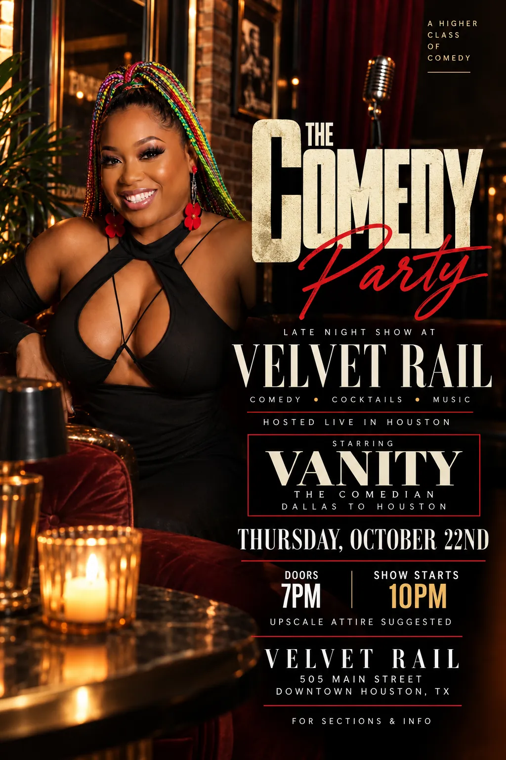 The Comedy Party flyer, Thursday, October 22, Velvet Rail Houston