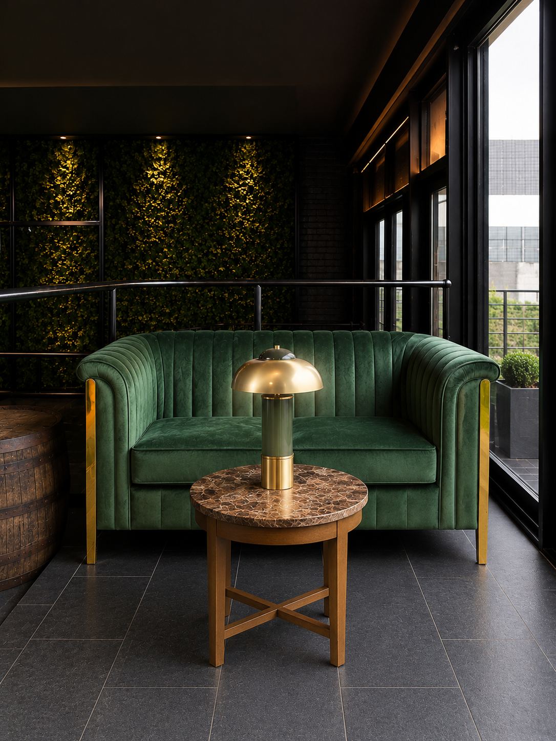 A green velvet sofa by the window