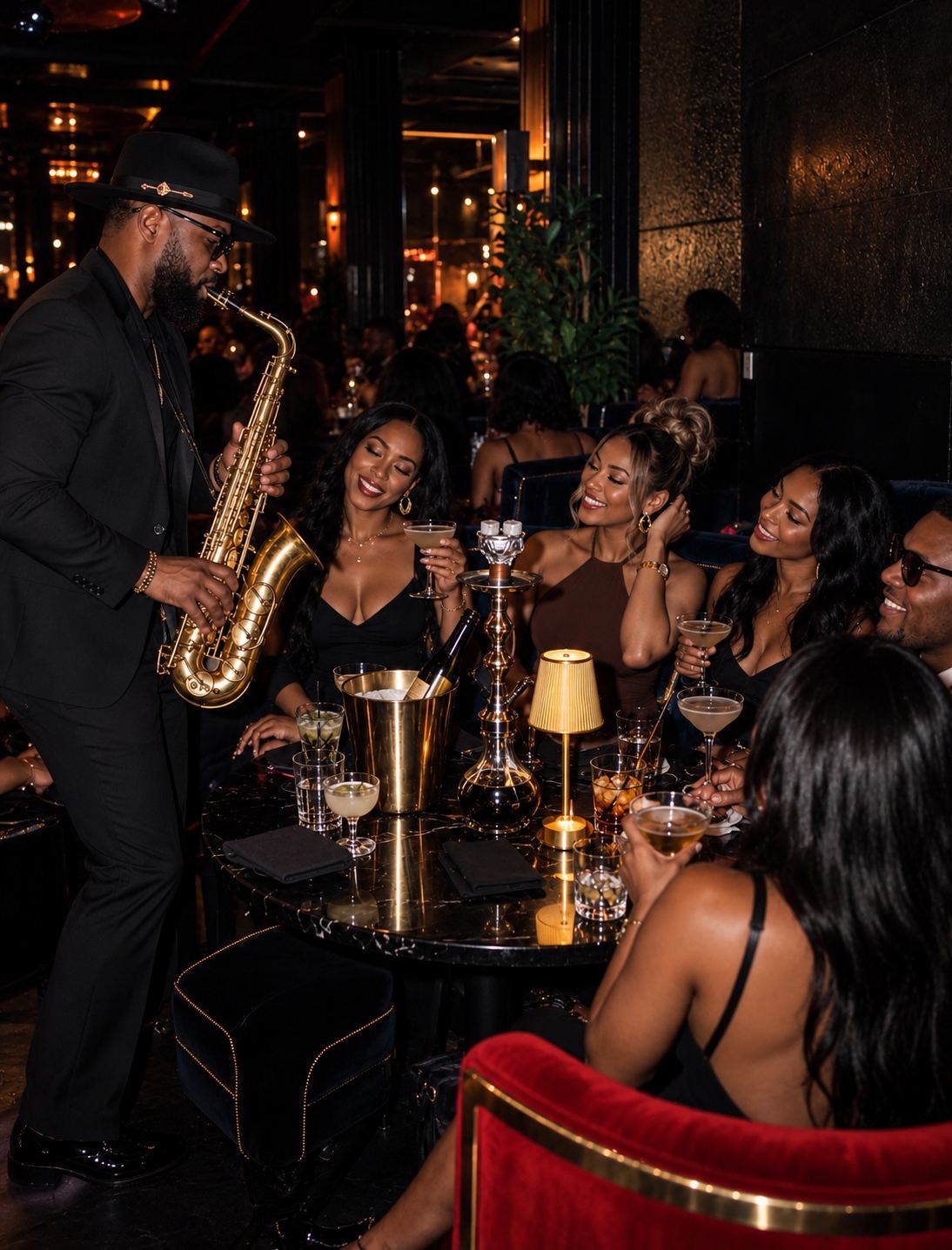 A saxophonist playing tableside at Velvet Rail